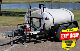 Trailer-mounted pressure washer system with a white tank, labeled 